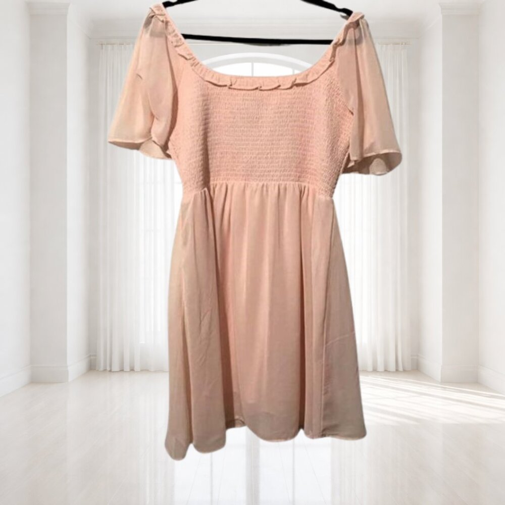 BCBG Paris Rose Quartz Chiffon Smocked Flutter Sleeve Dress | Juniors L - Picture 2 of 9